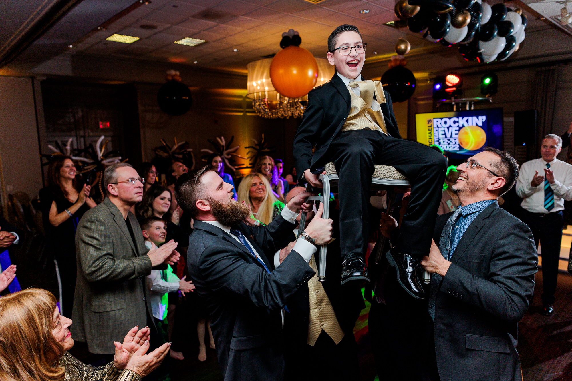 Traditional Hora chair lift celebration at a Bar Mitzvah