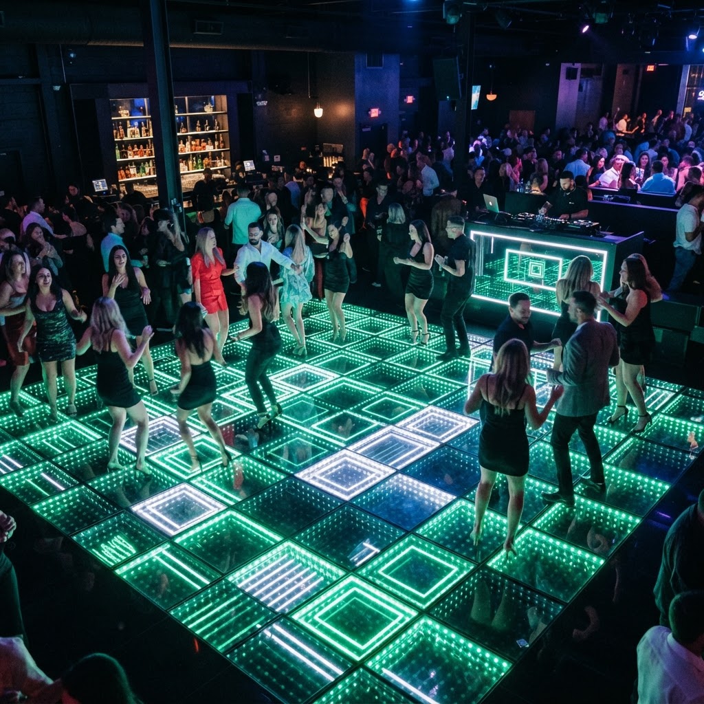 LED dancefloor with emerald light patterns