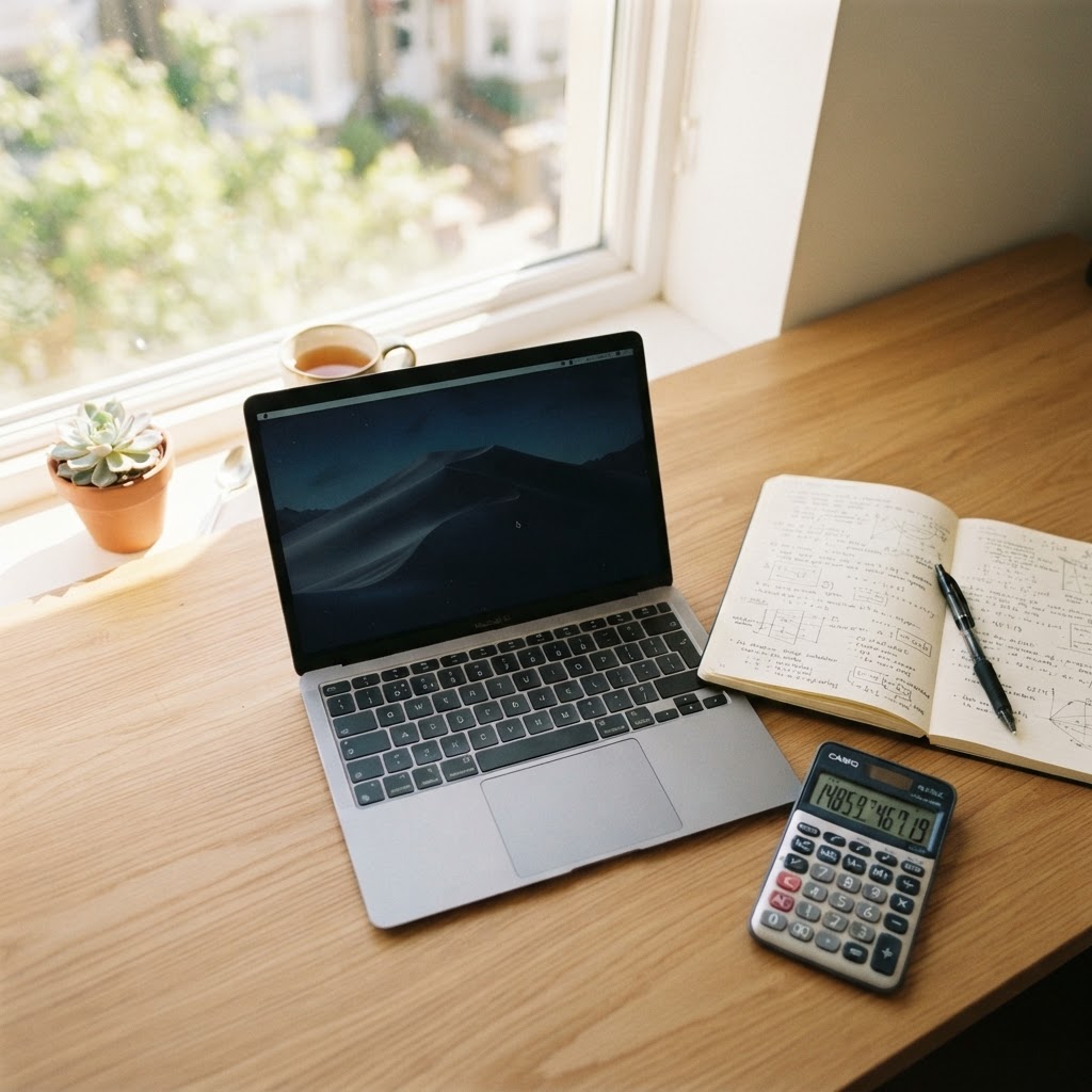 A laptop with a calculator and notes on a desk