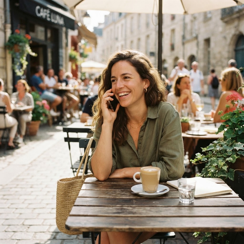 A person on a phone call at a cafe table