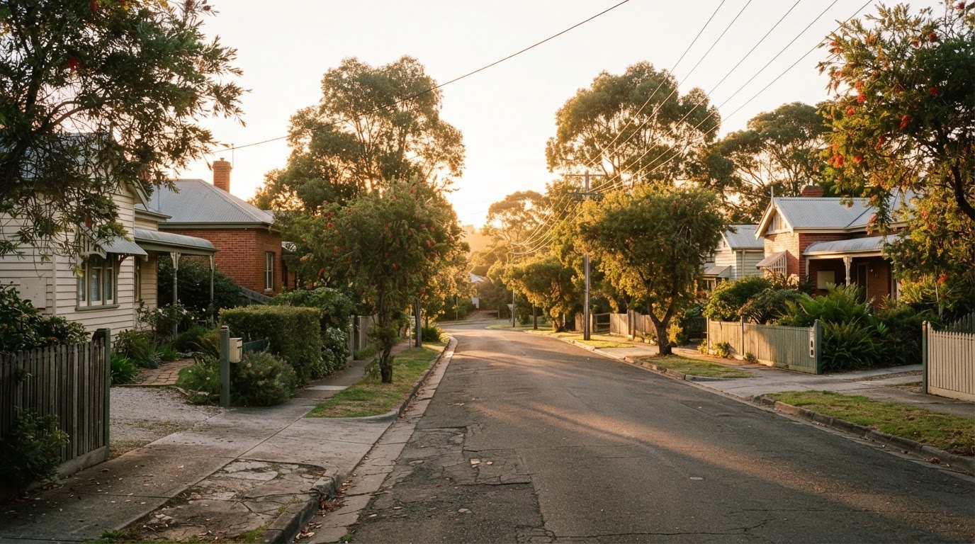 A leafy Australian suburban street at golden hour