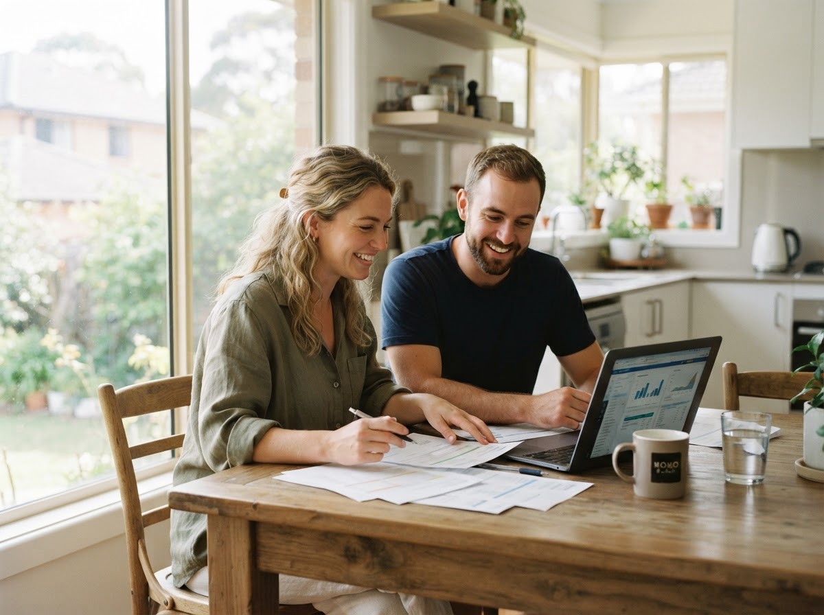 A couple reviewing paperwork together at a kitchen table
