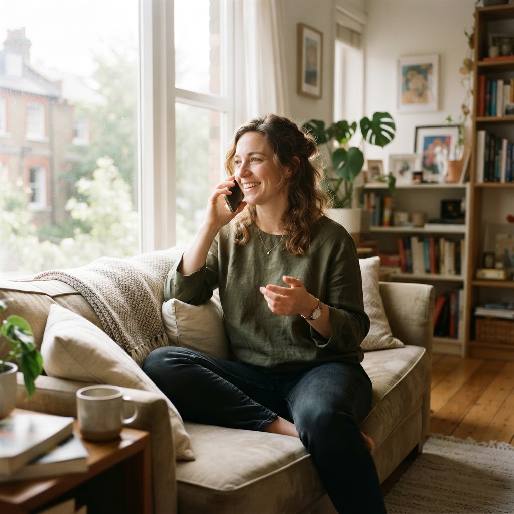 A relaxed woman on a phone call at home