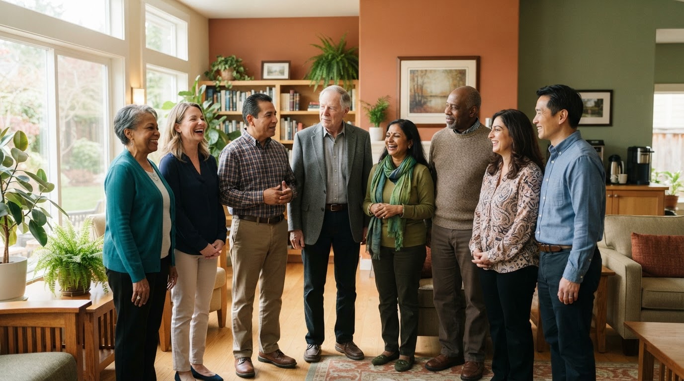 SAGE senior-care professionals gathered in a sunlit community room