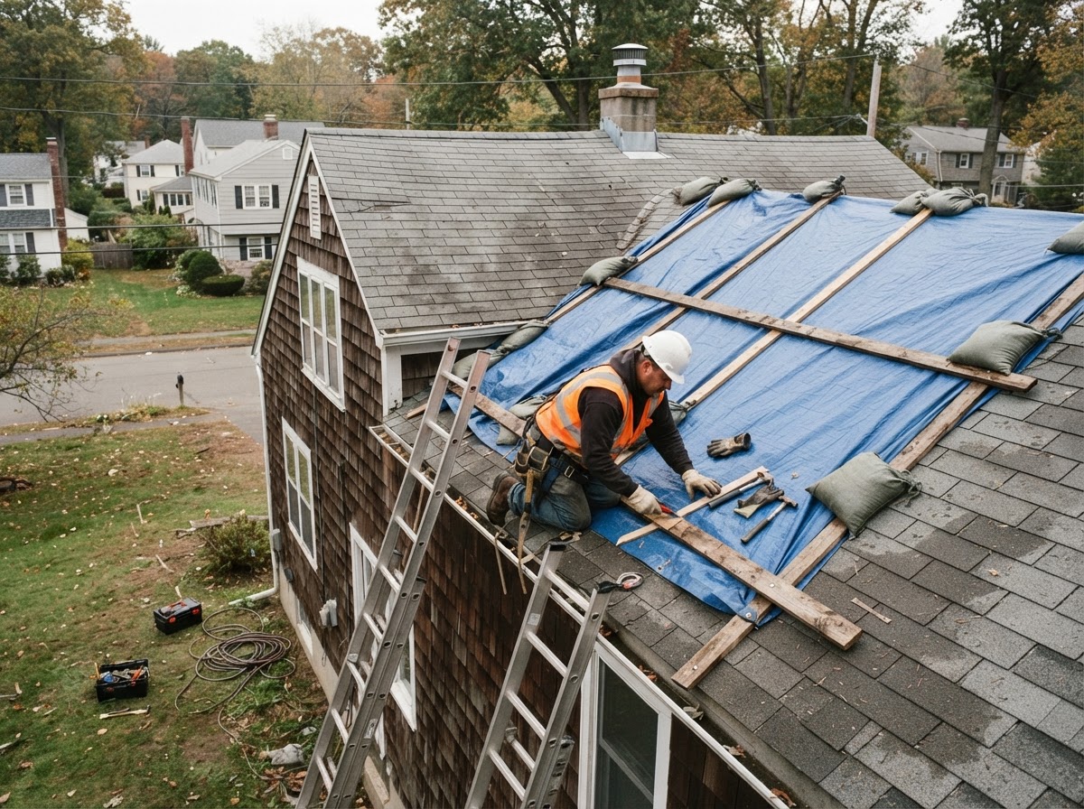 Emergency tarp secured over storm-damaged shingles on a residential roof