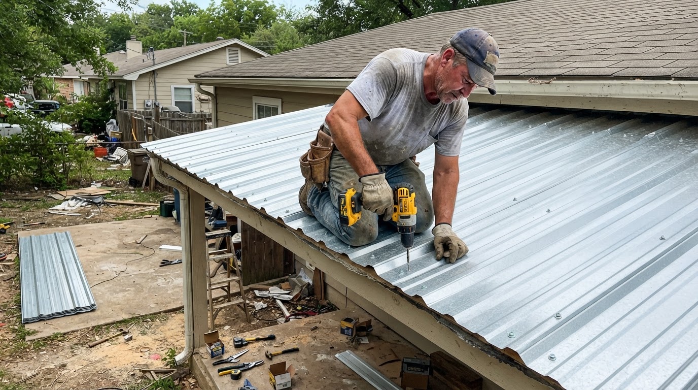 Worker installing corrugated metal roof panels with exposed fasteners