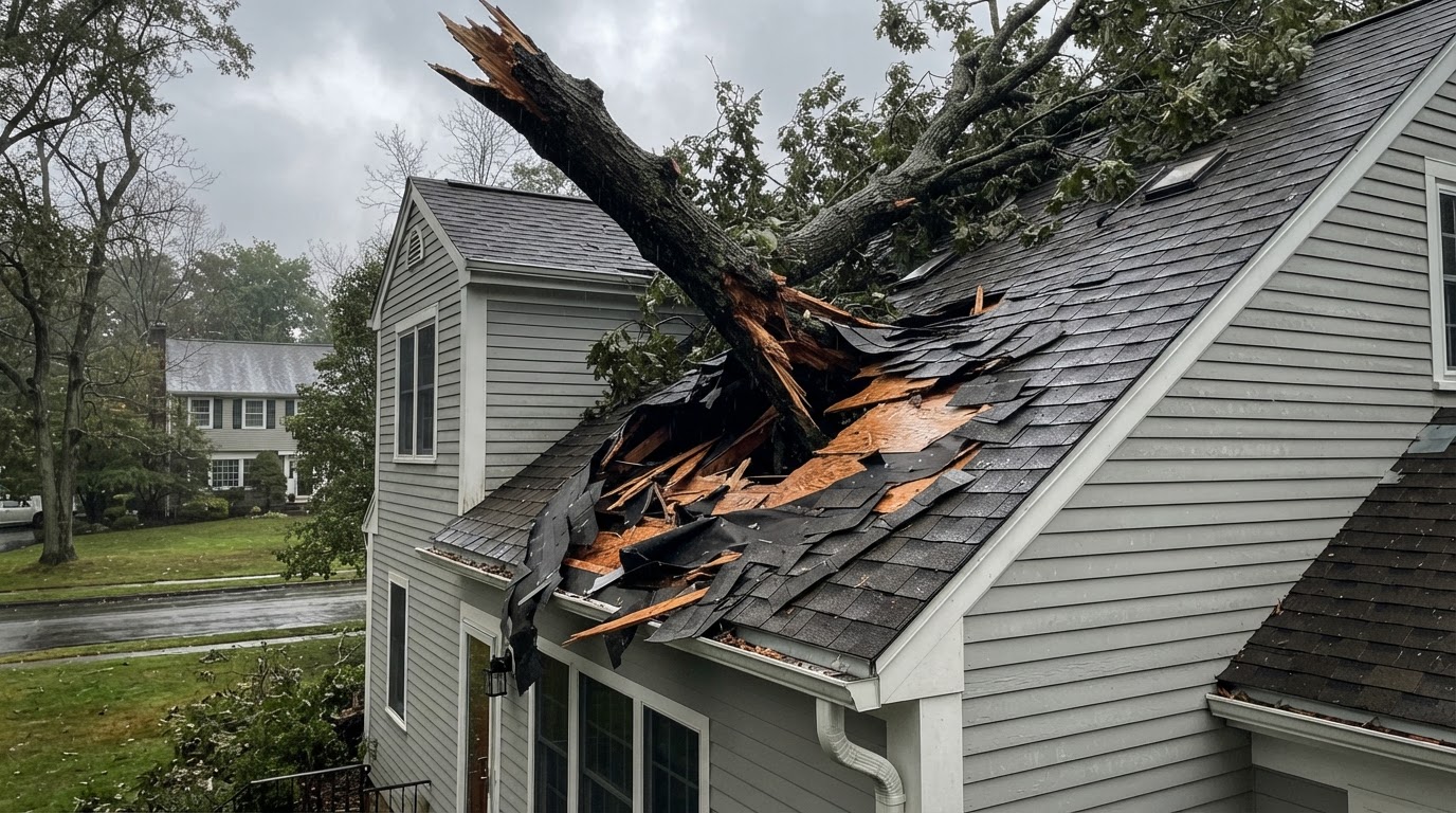 Fallen tree limb puncturing a residential roof — storm damage requiring emergency repair