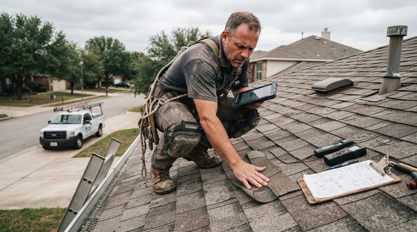 Professional roofer inspecting shingles and documenting roof condition on a tablet