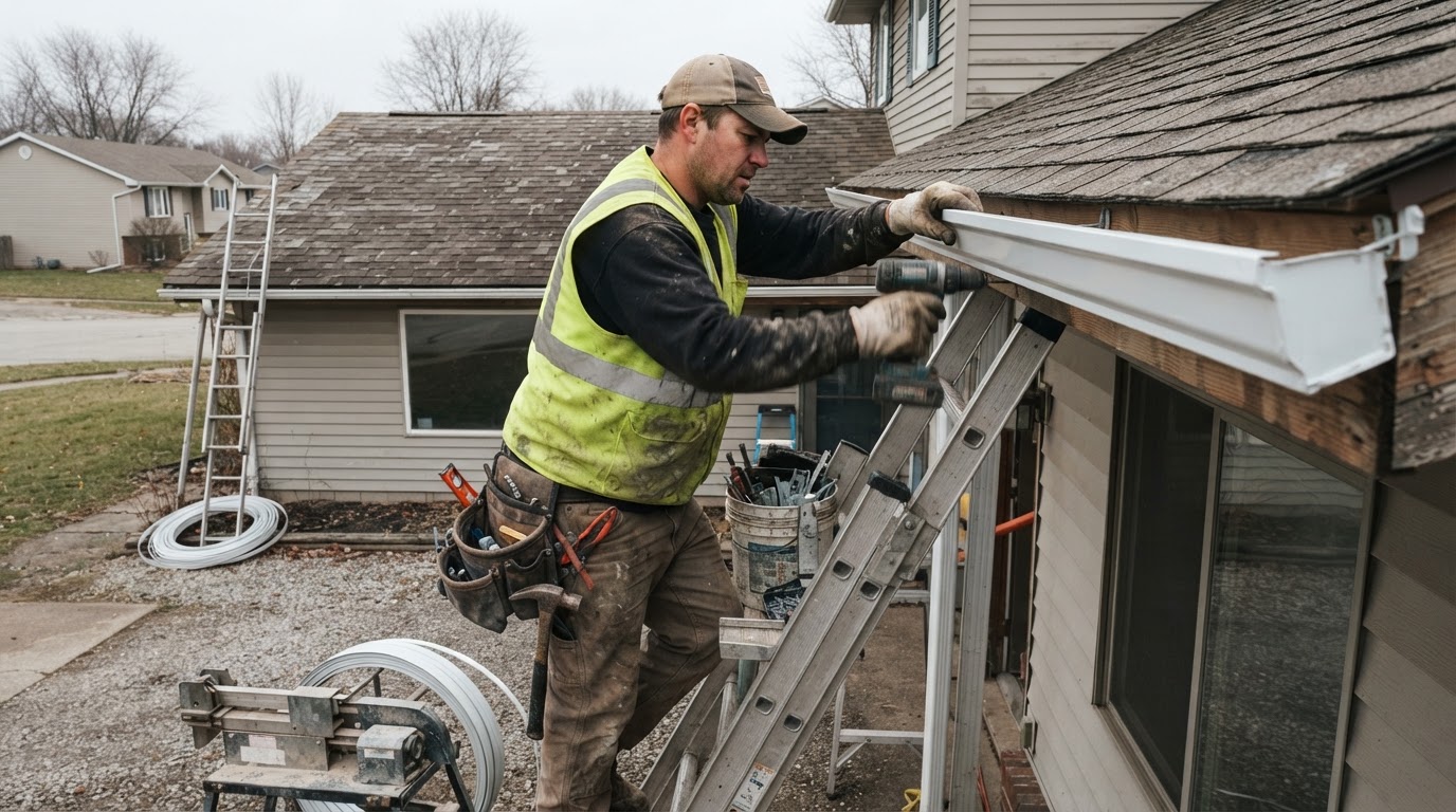 Worker installing new seamless aluminum gutters along a home's eaves
