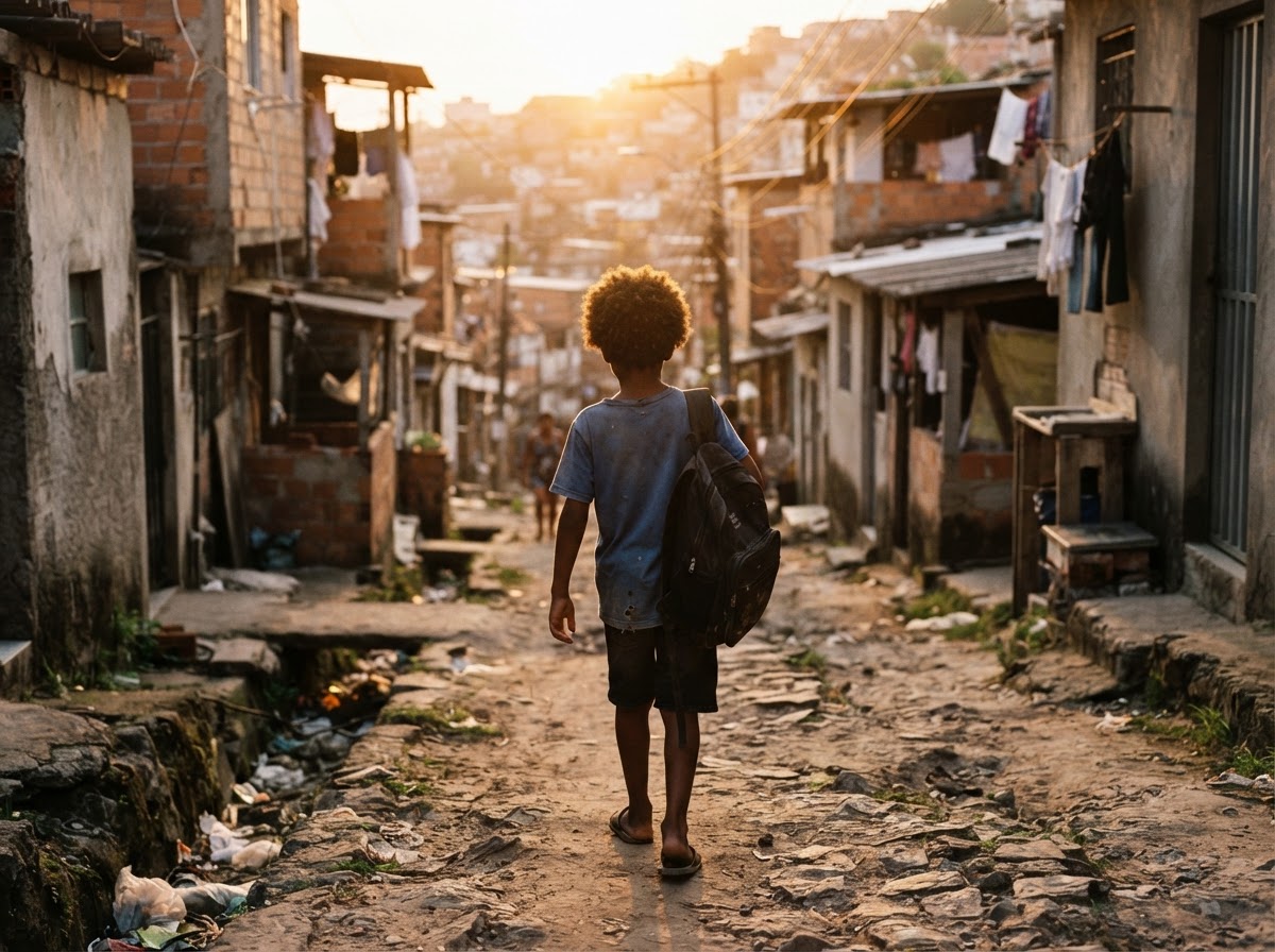 Menino caminhando por periferia brasileira em luz dourada de fim de tarde