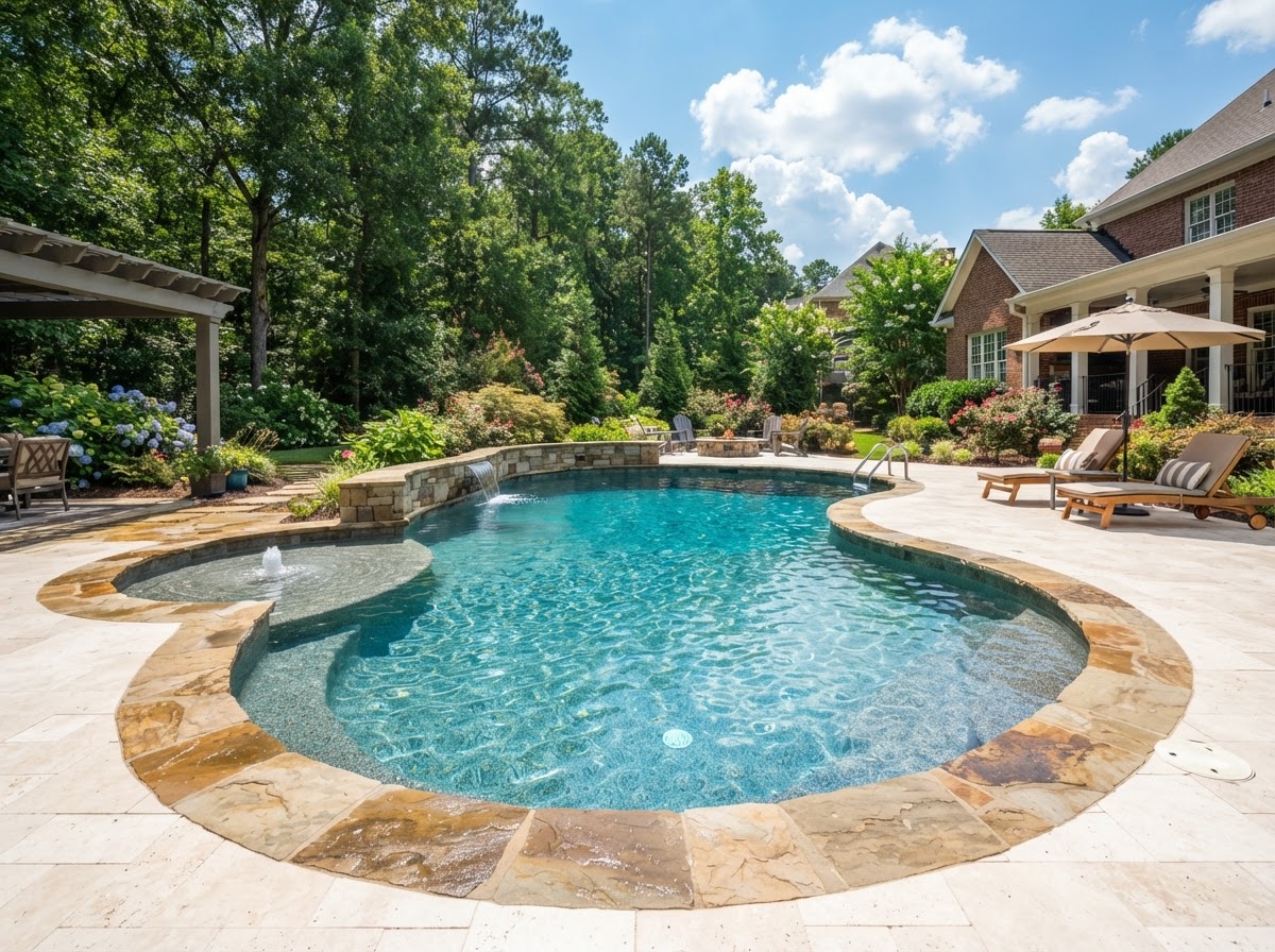 Sparkling clean backyard swimming pool with balanced clear water