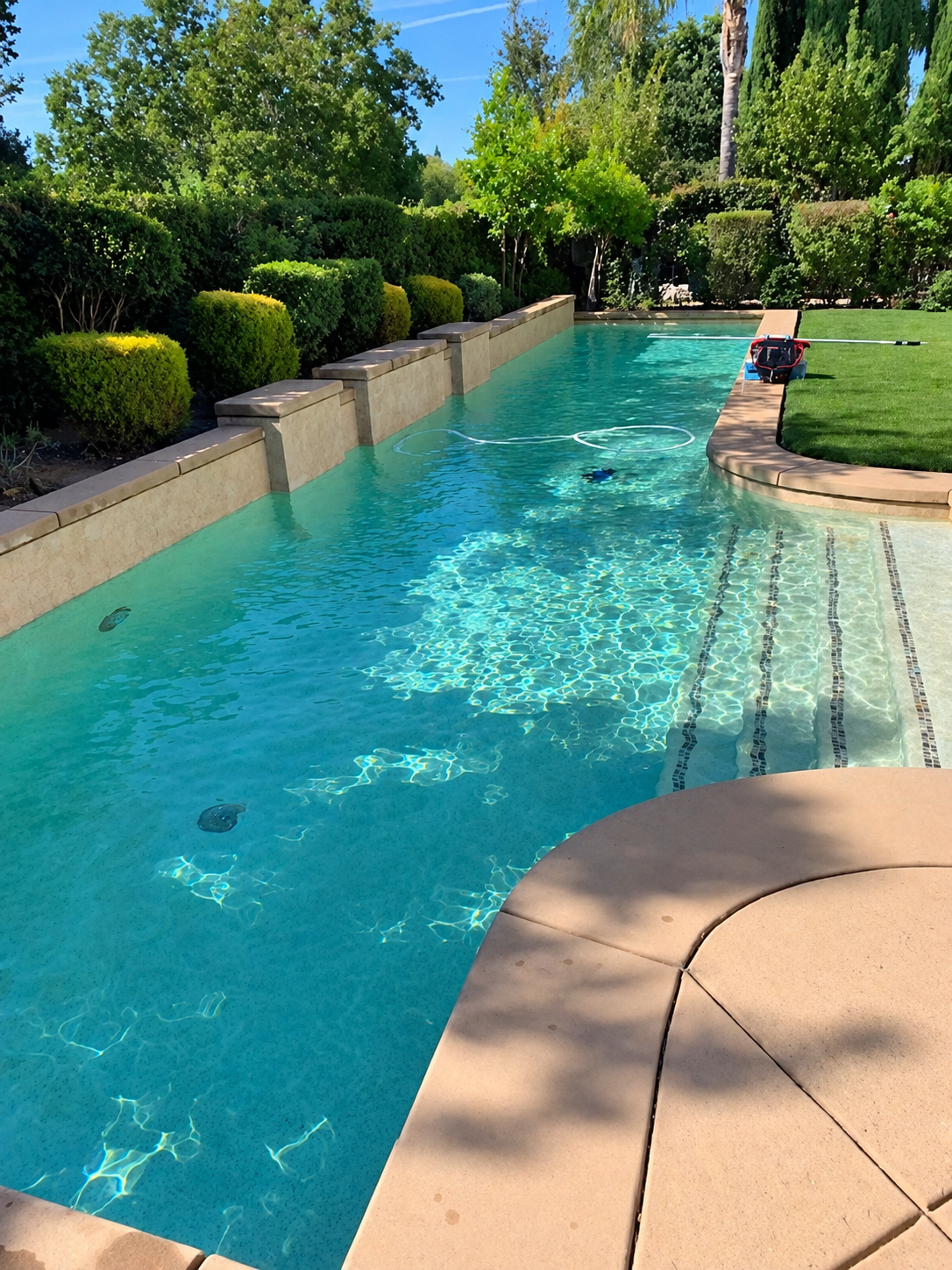 Sparkling clean lap pool with sun ledge steps and lush manicured landscape