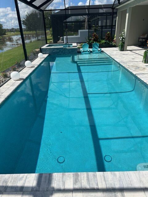 Full finished swimming pool and spa with crystal clear water