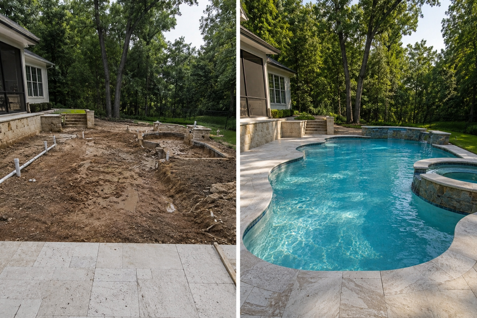 Finished swimming pool with clear water and stone coping in Tallahassee backyard