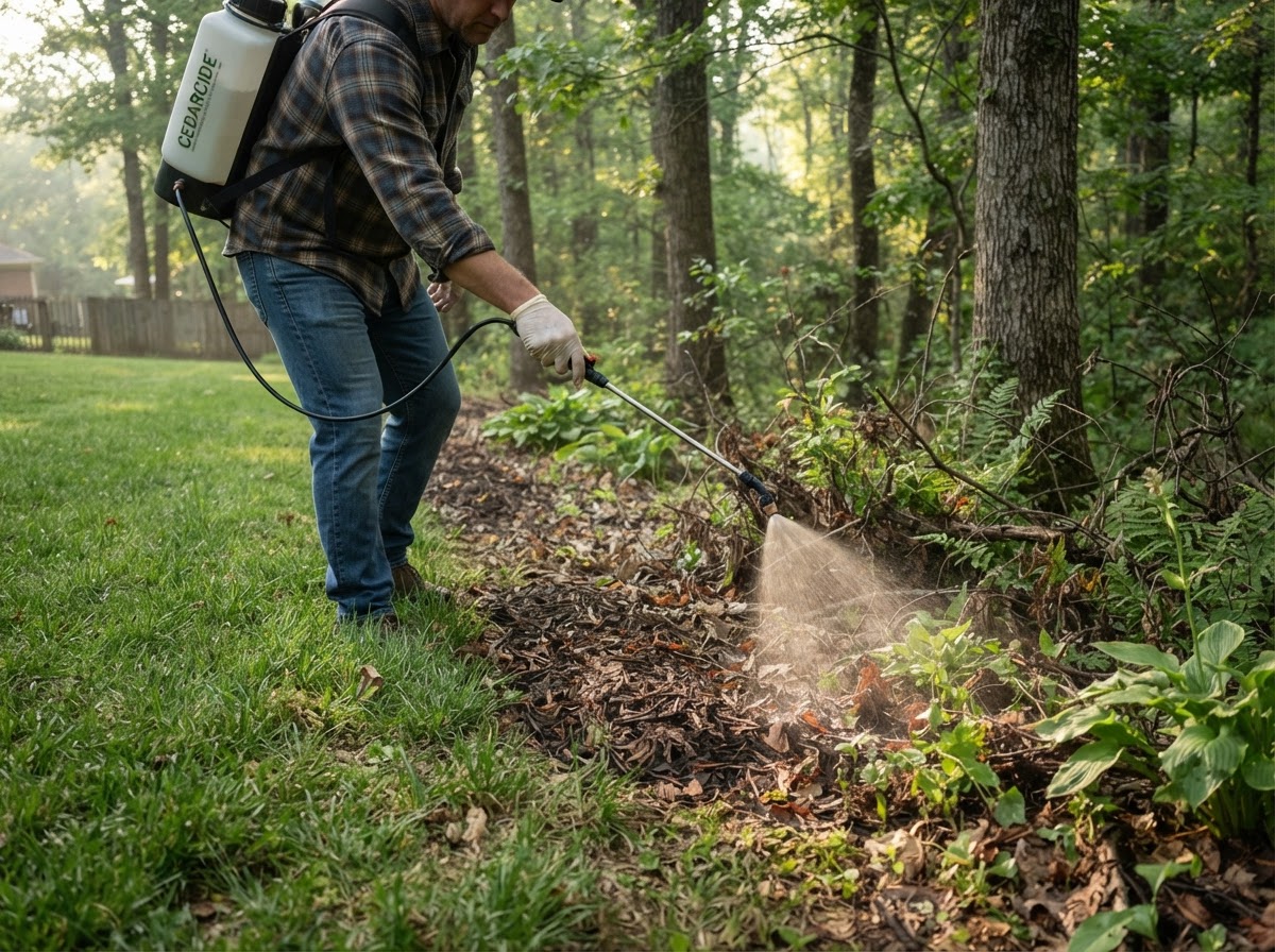 Natural cedar-oil perimeter treatment applied along a property woodline where lawn meets brush and leaf litter