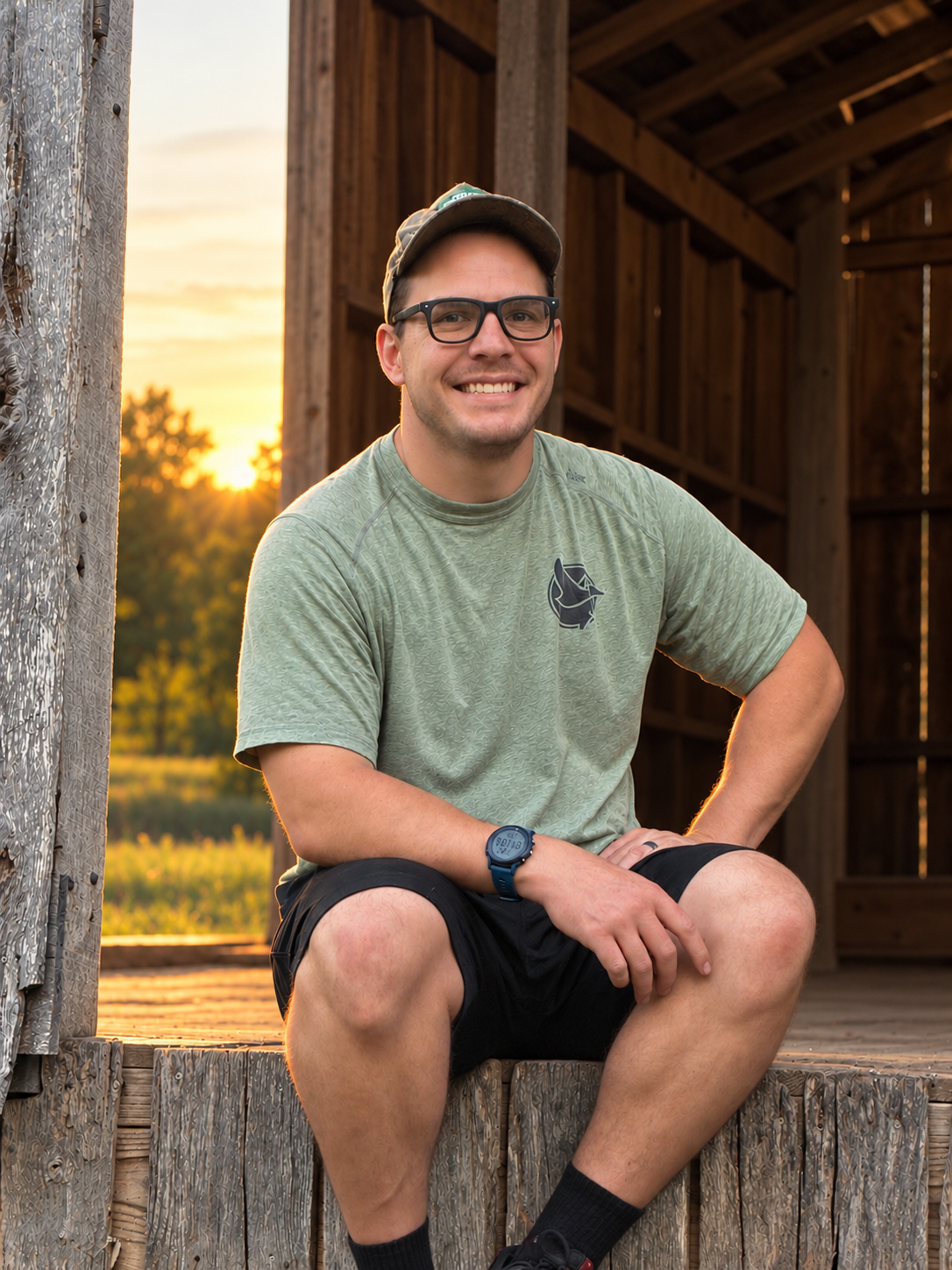 Ben Powell, founder and owner of Haven BioBarrier LLC, outdoors in Arkansas at golden hour
