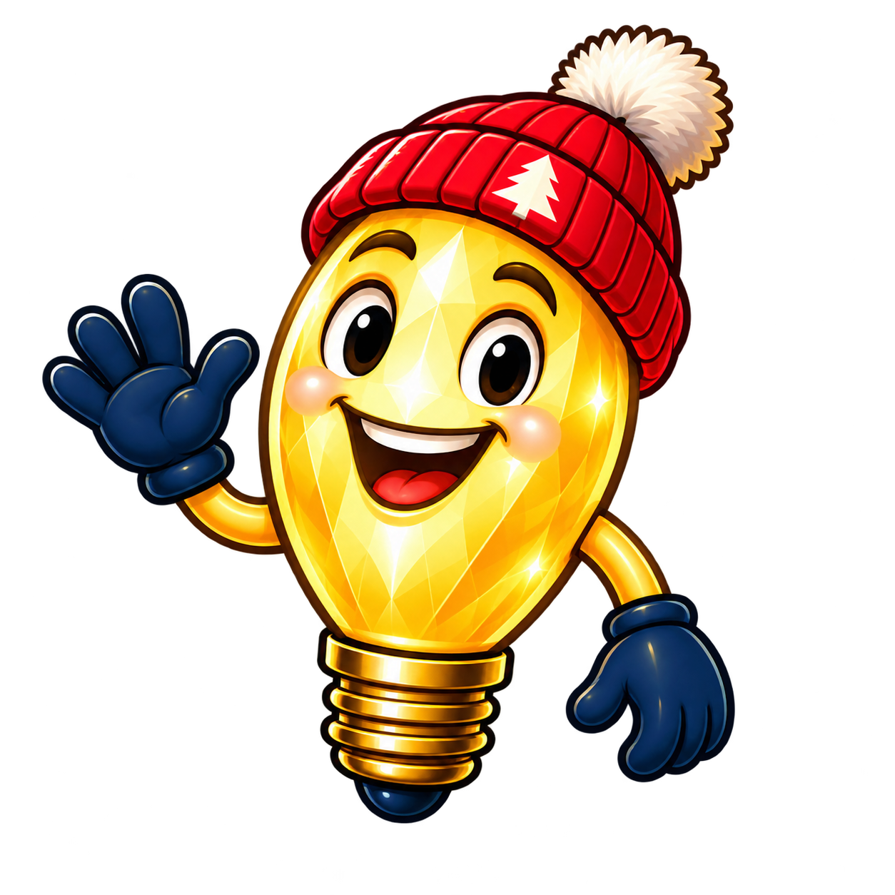 Lit JAX mascot — cheerful glowing Christmas lightbulb wearing a red beanie and waving