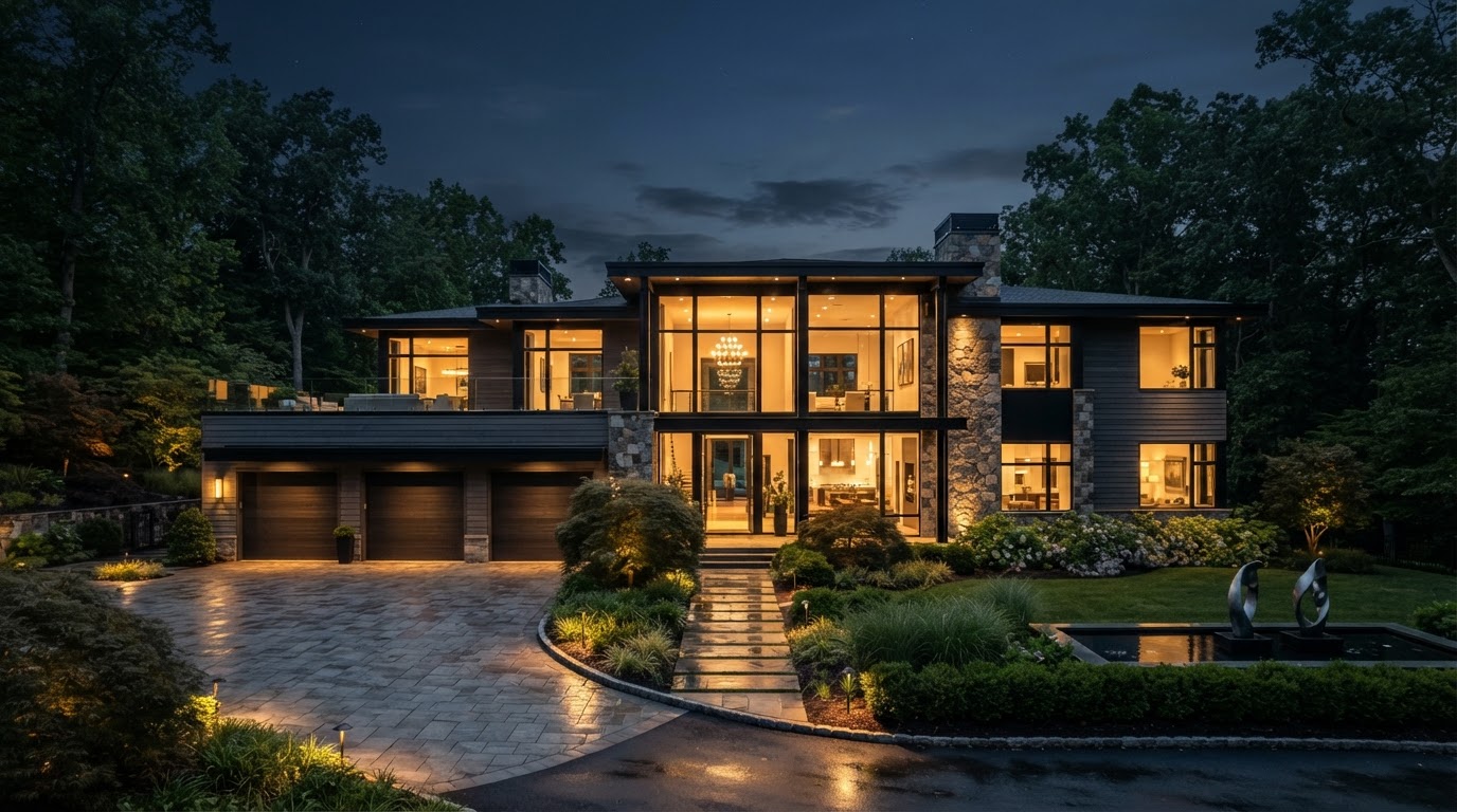 Modern Northern Virginia home at dusk