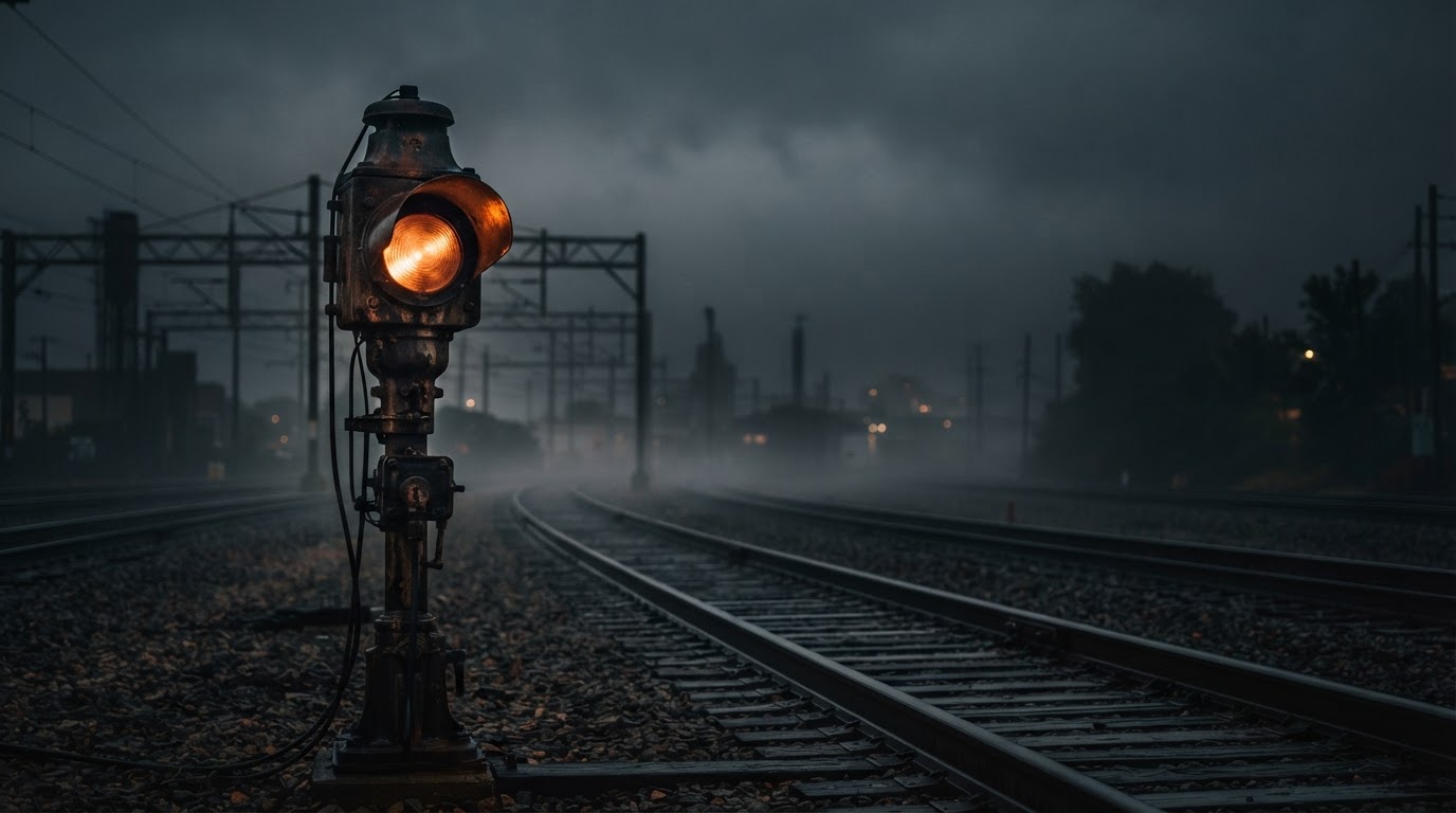 A railroad signal light glowing against a dark evening sky