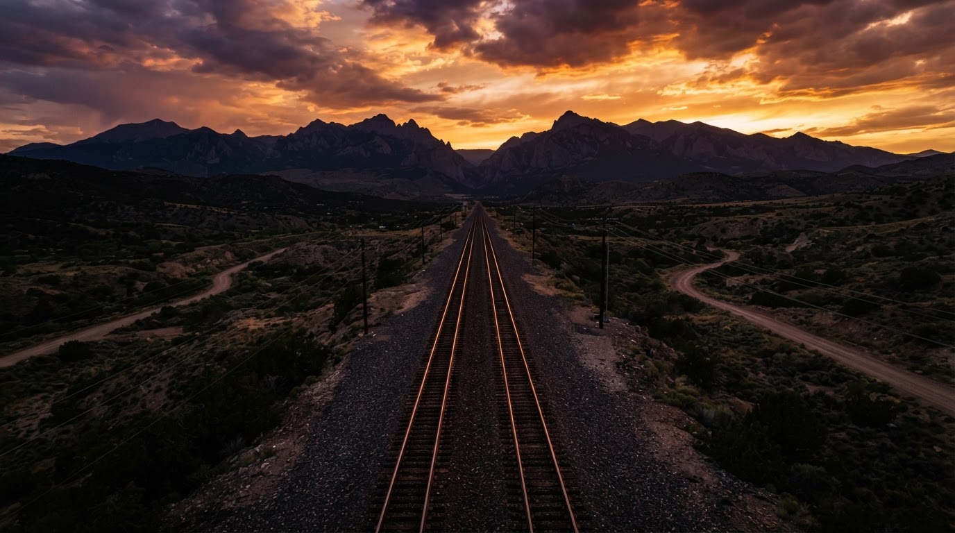 Railroad tracks stretching toward distant mountains at sunset