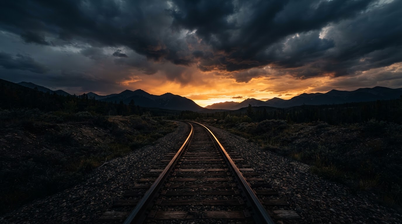 Railroad tracks leading toward a golden sunset over distant mountains