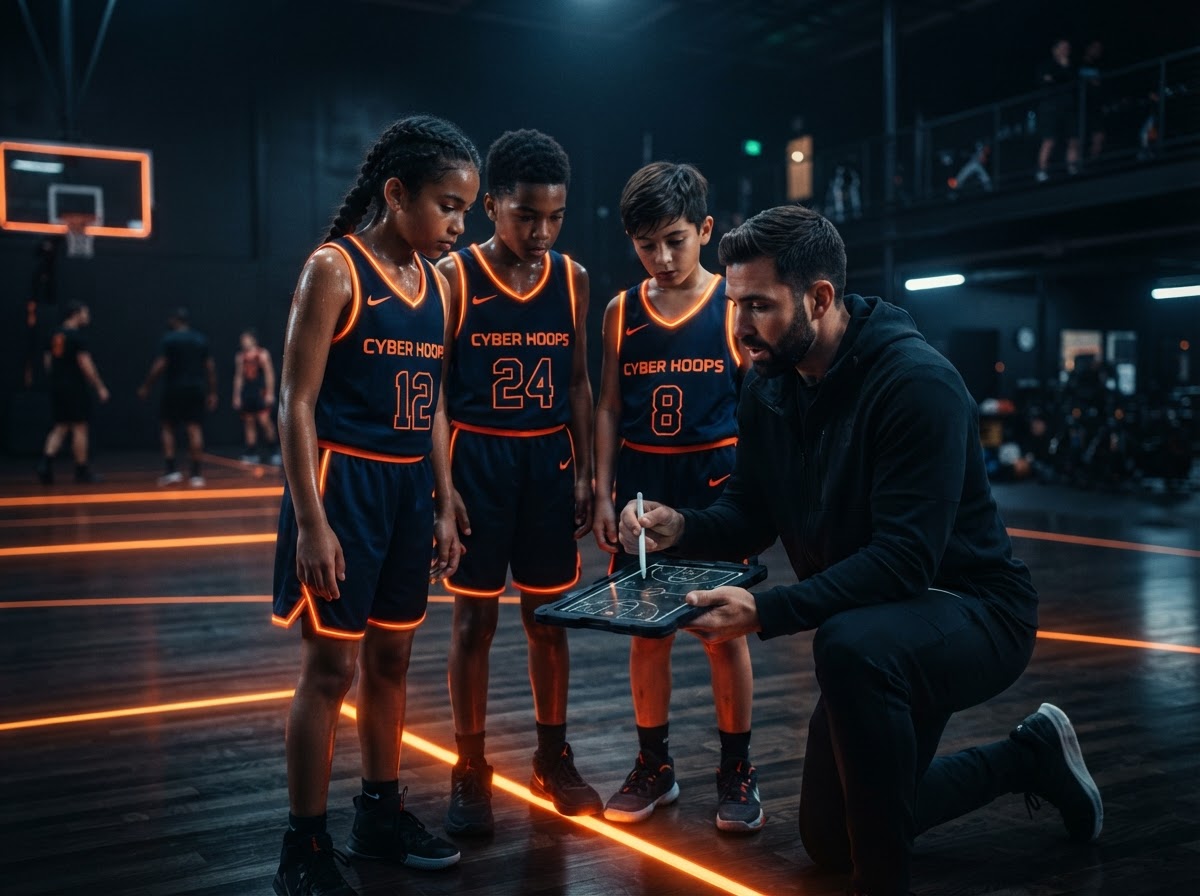Young basketball athletes training with a coach in a futuristic gym