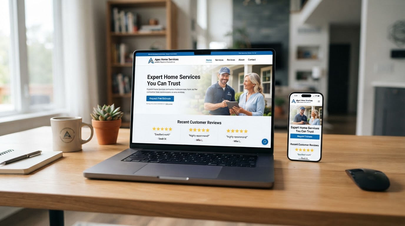 Sample contractor website on laptop and phone with 5-star reviews and estimate request button