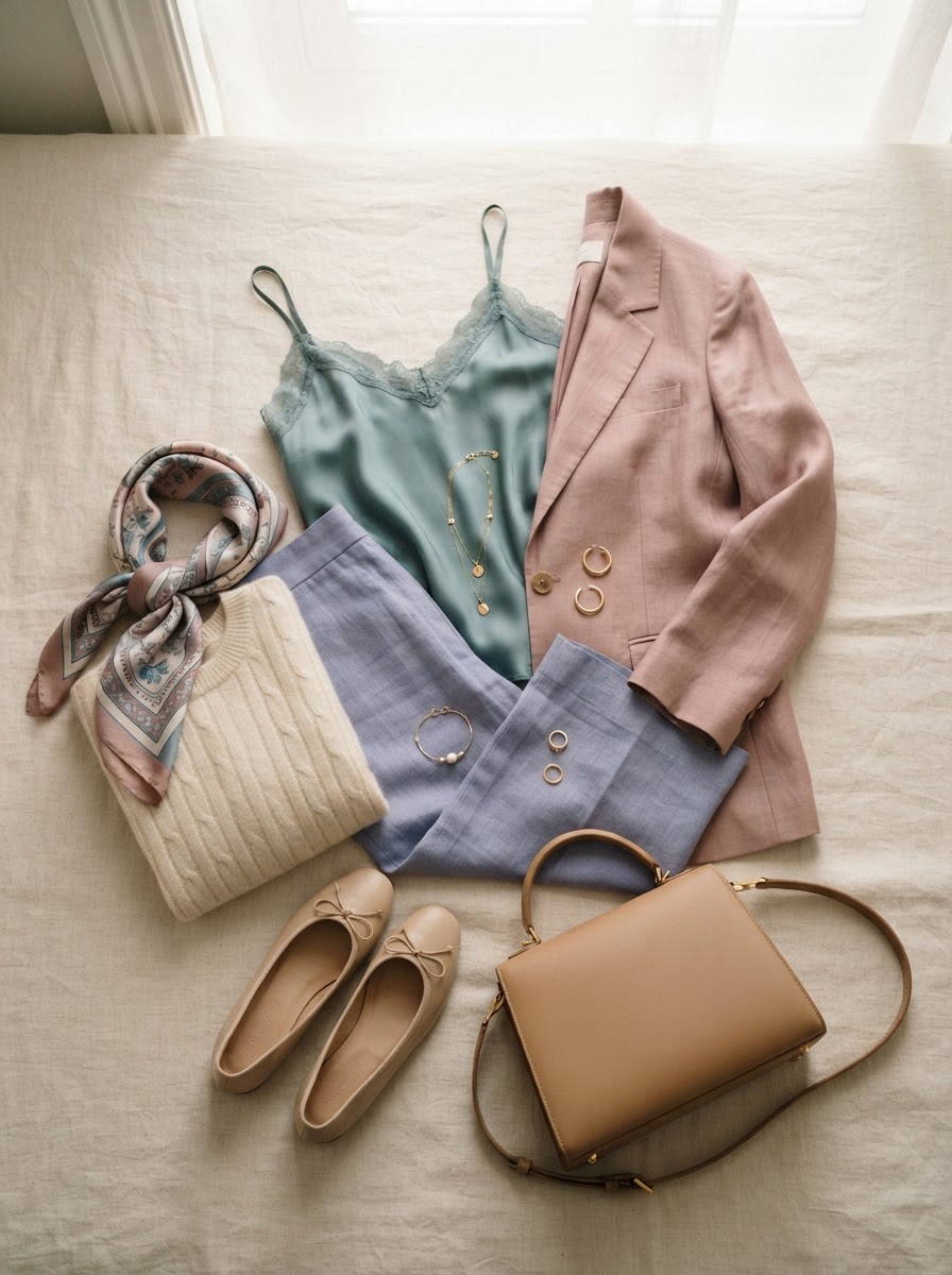 A curated wardrobe flat-lay of soft silk, linen, fine jewelry and accessories
