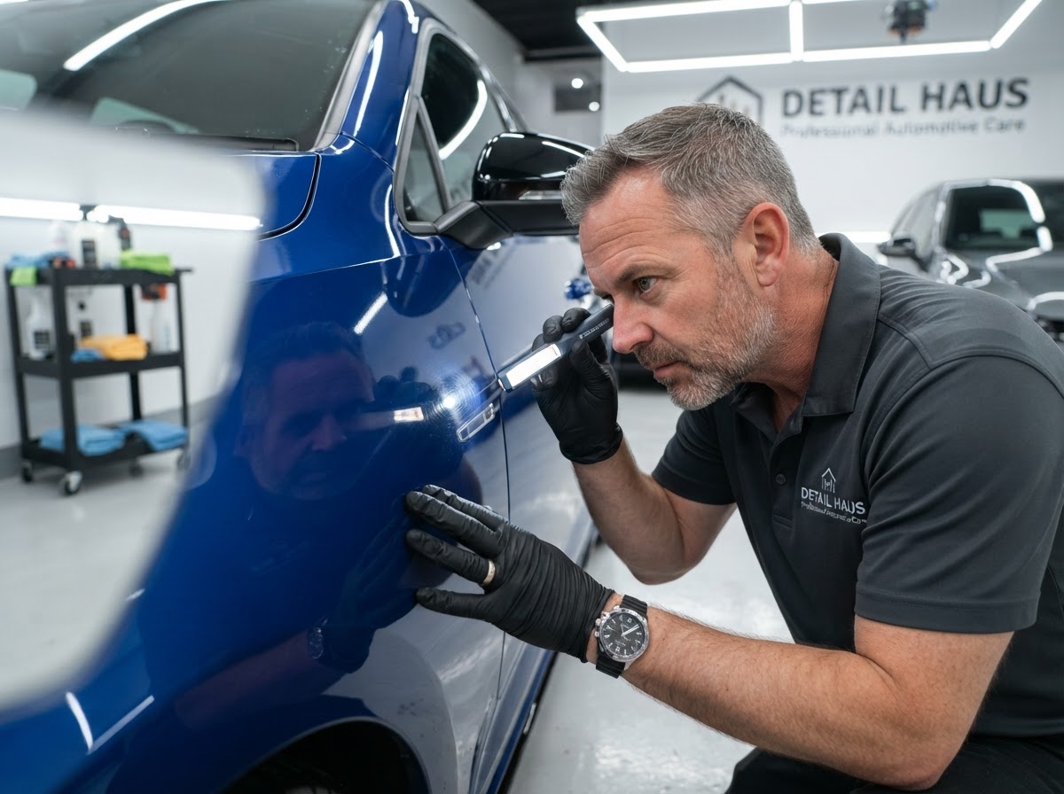 A professional automotive detailer carefully inspecting a vehicle's paint surface