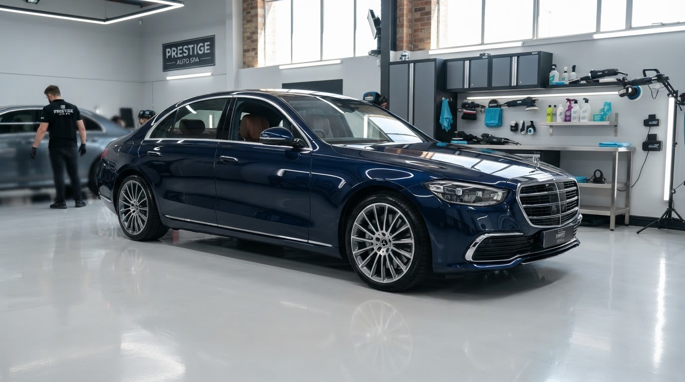 A premium, professionally detailed vehicle inside a clean, modern automotive detailing studio