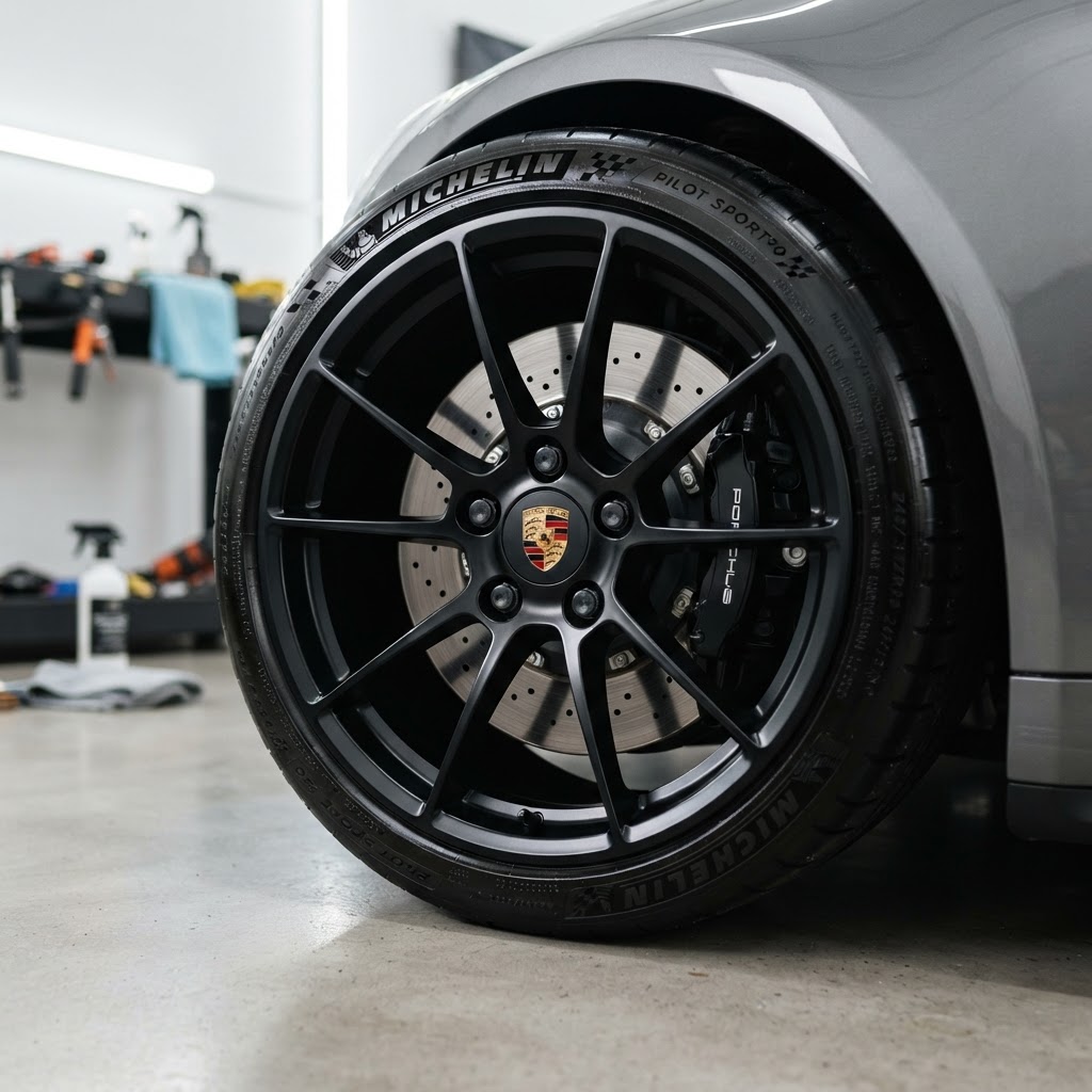 A freshly detailed vehicle wheel and tire with a glossy finish