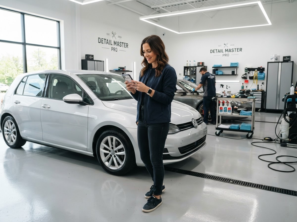 A customer using a smartphone to request a detailing quote while standing near their vehicle