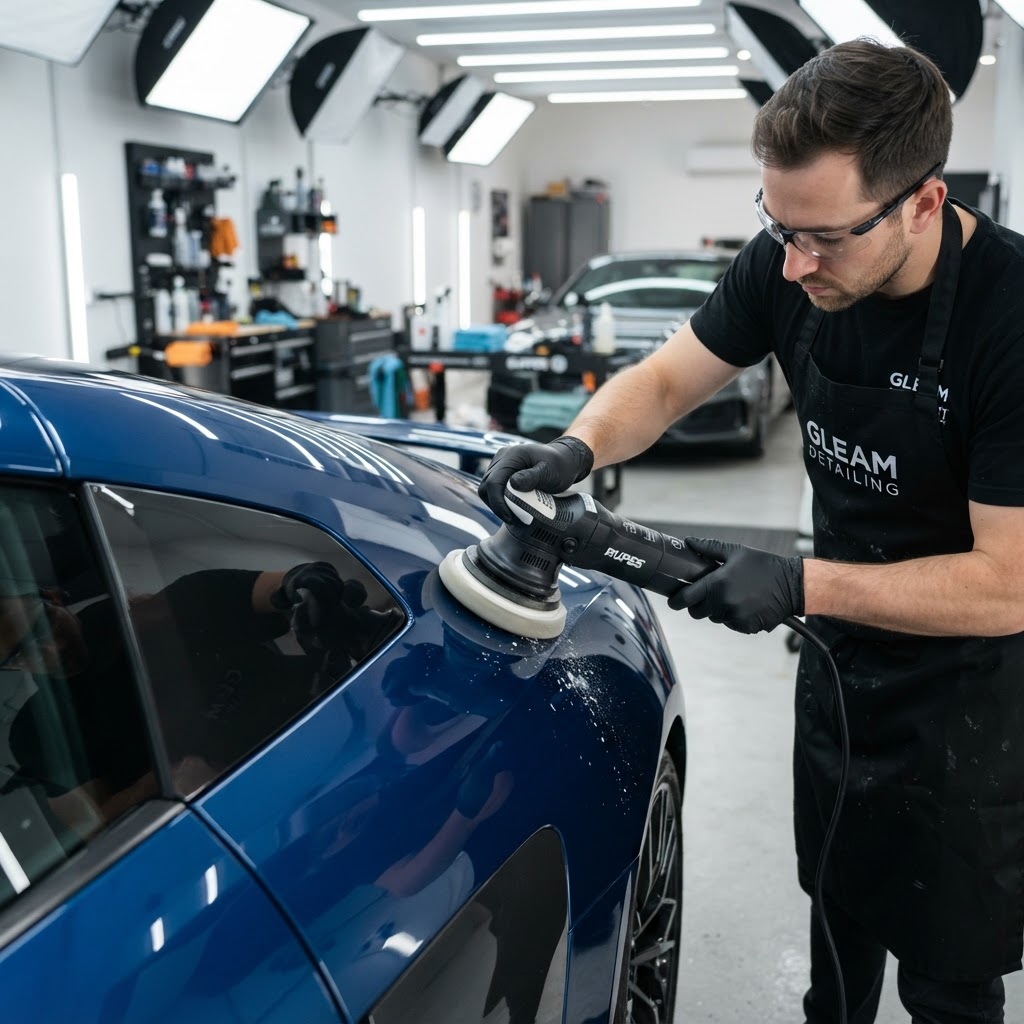 A detailer polishing vehicle paint to a glossy, mirror-like finish