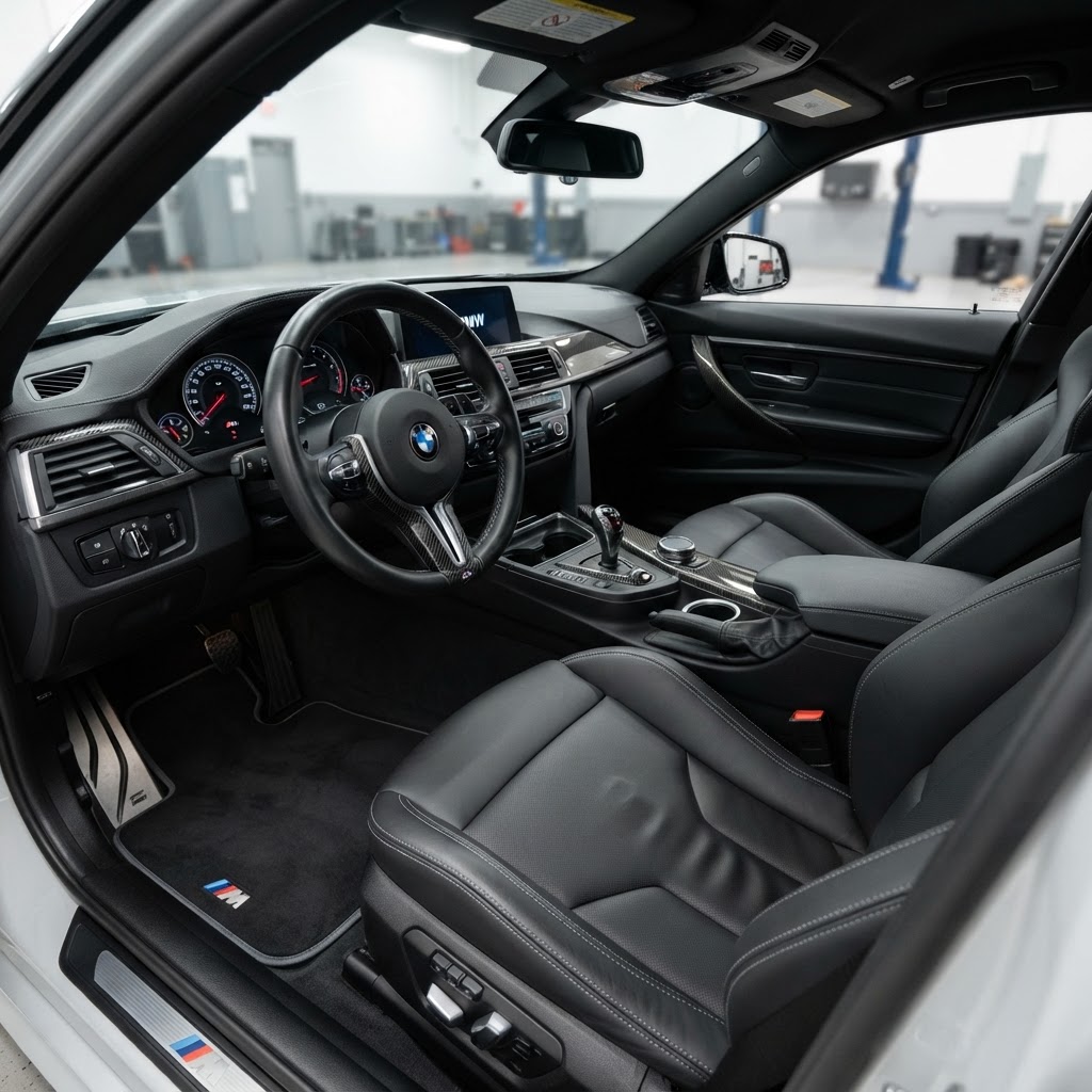 A clean, freshly detailed vehicle interior with spotless dashboard and seats