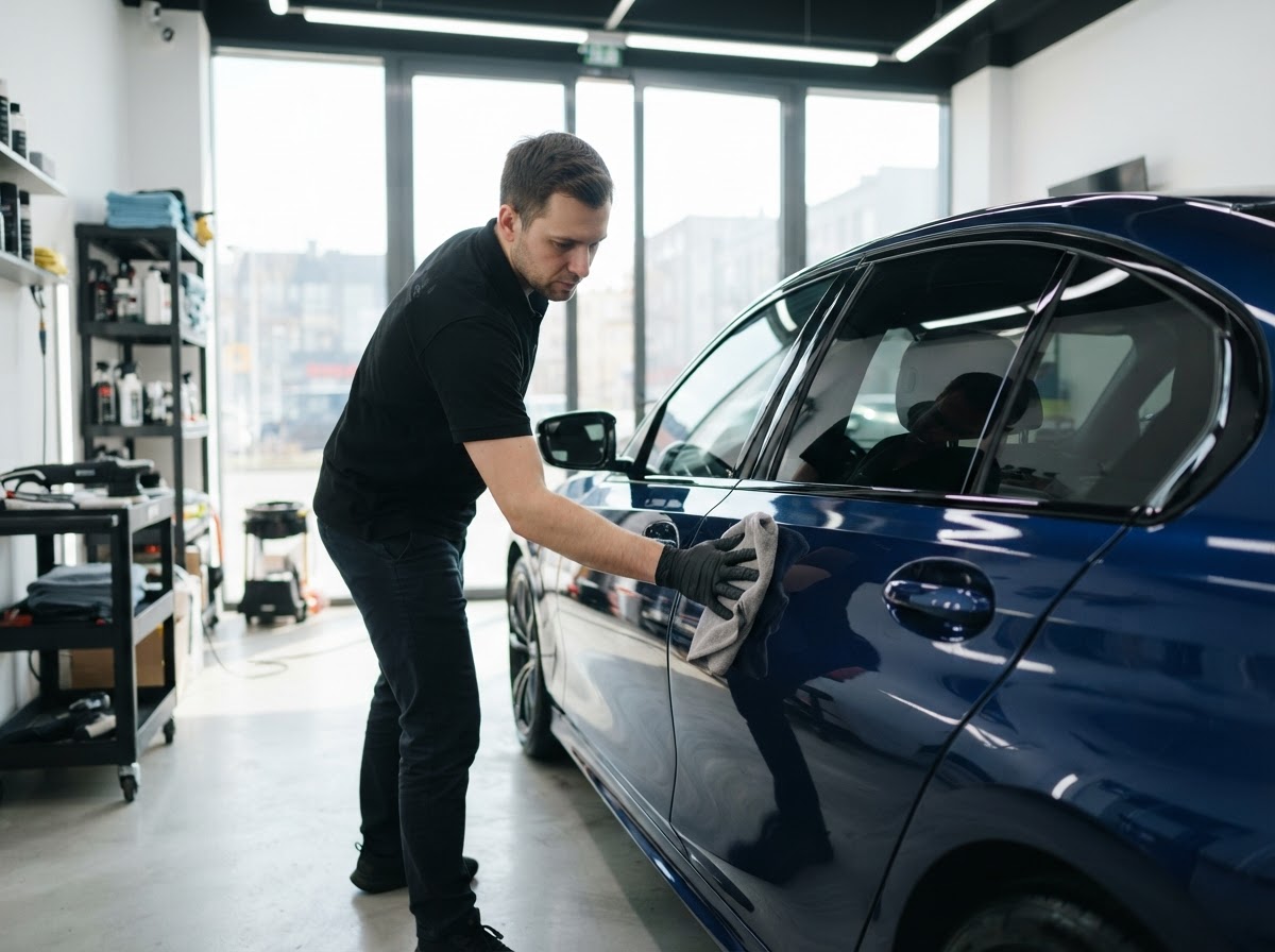 A professional automotive detailing technician carefully working on a premium vehicle inside a clean, modern detailing studio