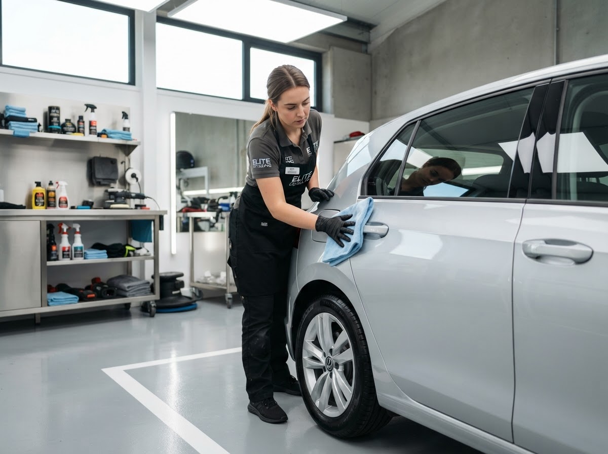 A professional technician cleaning and detailing a vehicle in a bright studio