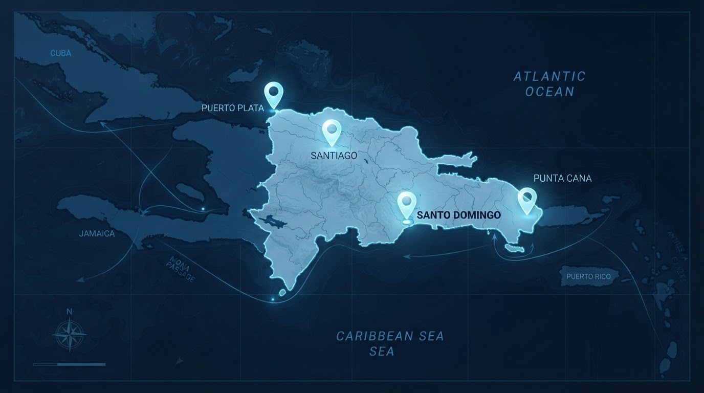Map of the Dominican Republic island with nationwide coverage