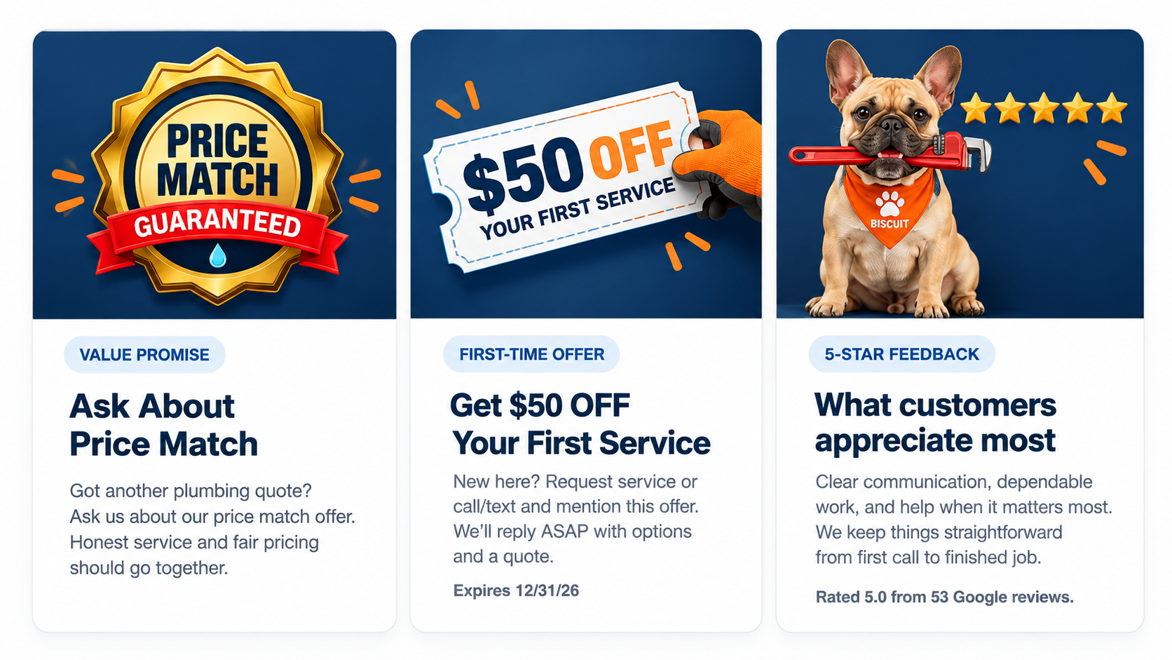 OG Plumbers Special Offers: Price Match Guaranteed, $50 OFF Your First Service, and 5-Star Feedback