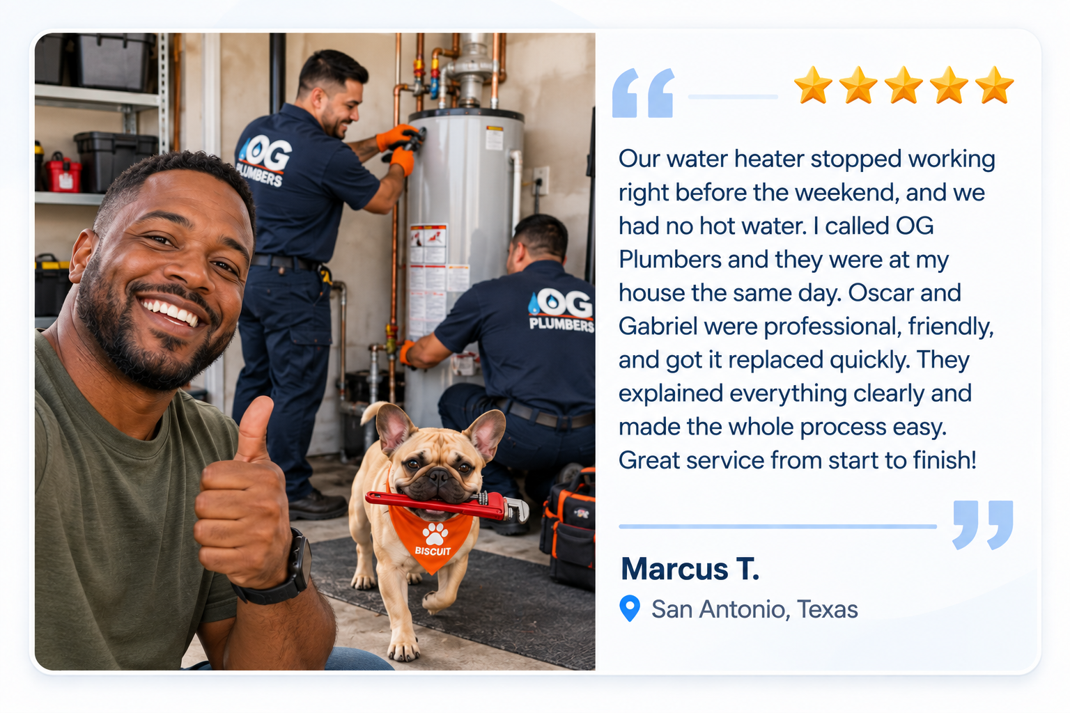 5-star review from Marcus T. in San Antonio, Texas: Water heater replaced quickly before the weekend by Oscar and Gabriel