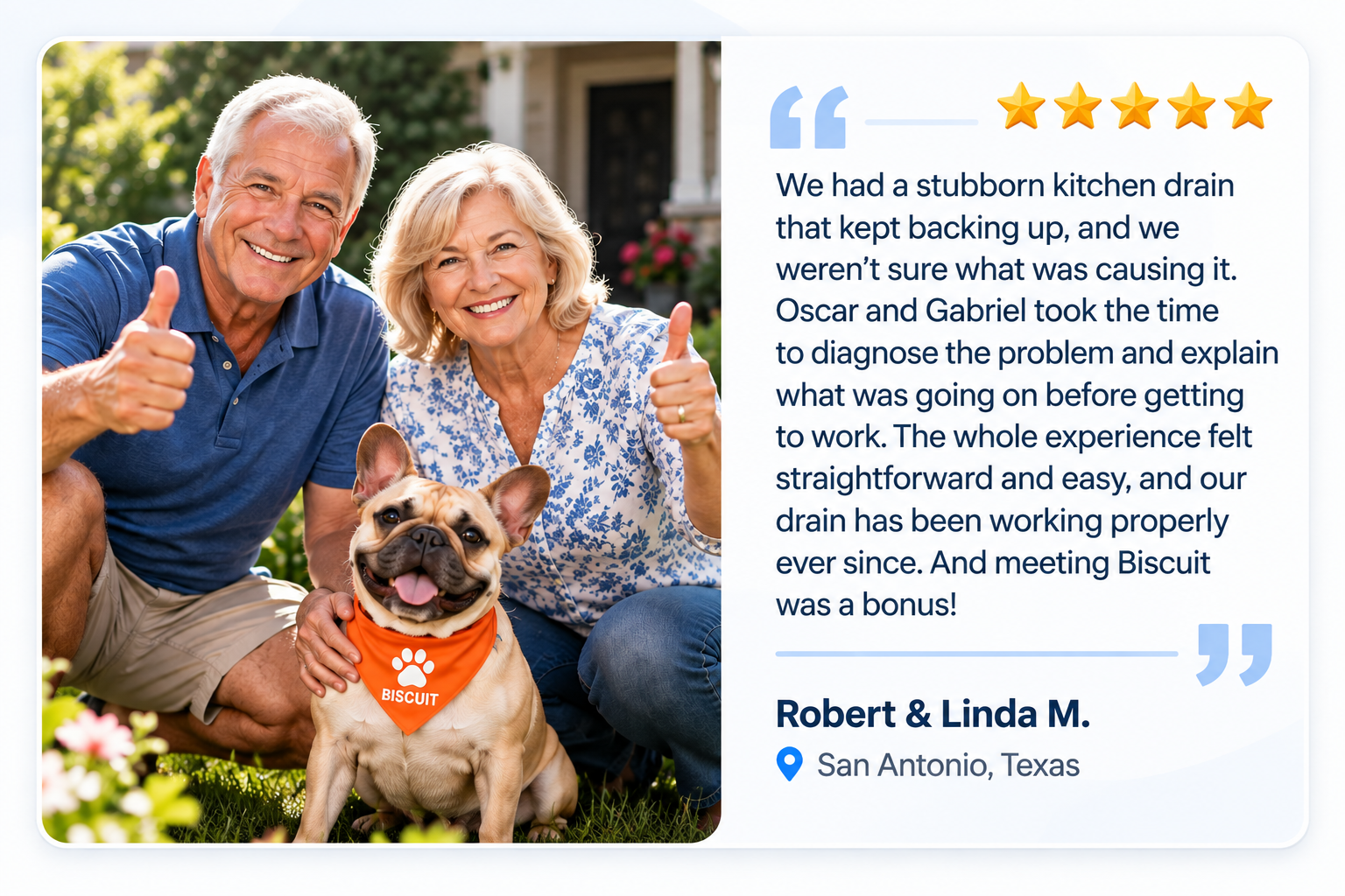 5-star review from Robert & Linda M. in San Antonio, Texas: Stubborn kitchen drain diagnosed and fixed right