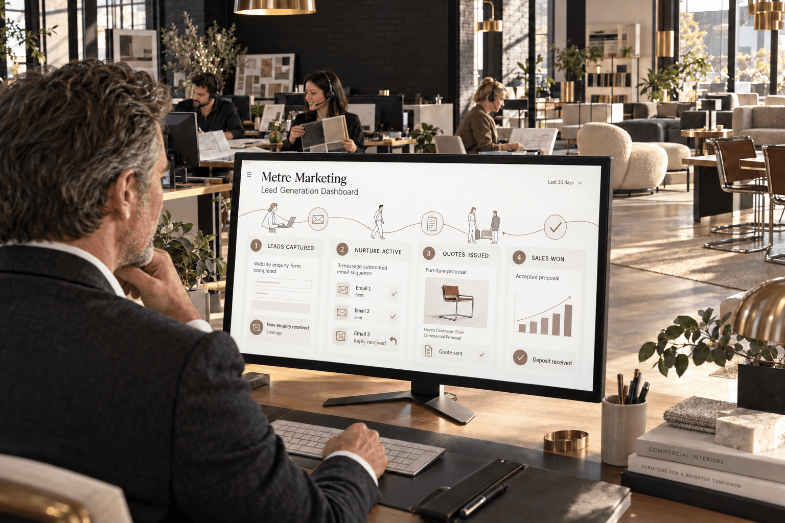 Lead generation dashboard showing leads captured, nurture active, quotes issued, and sales won