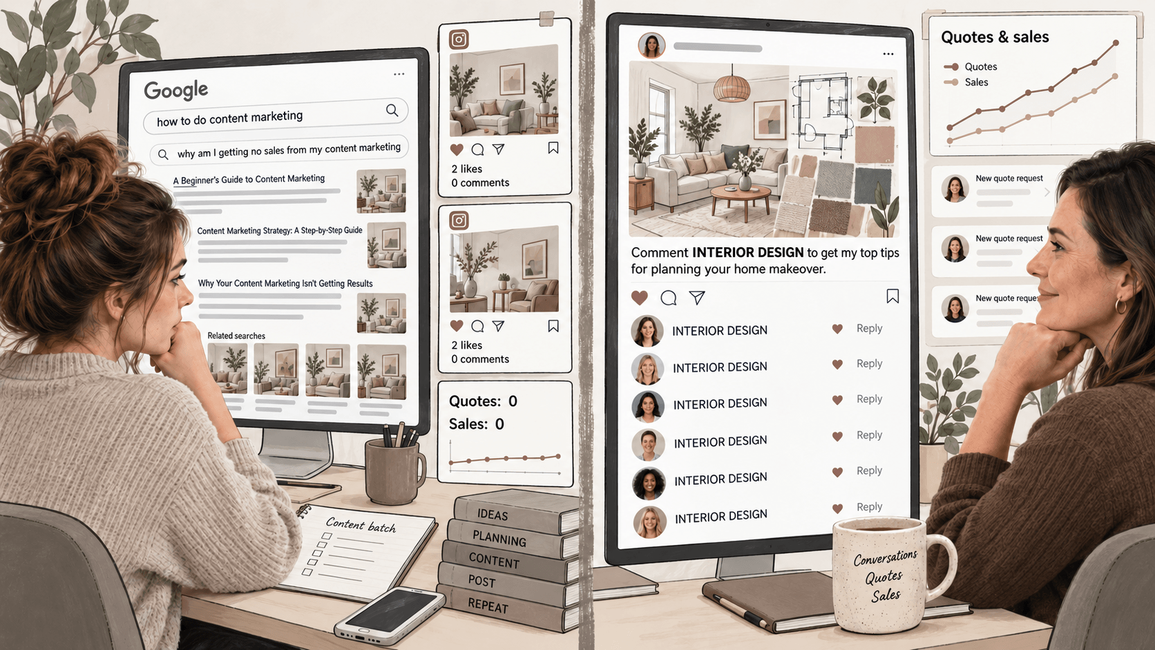 Comparison of content with zero enquiries versus a content system driving conversations, quotes, and sales