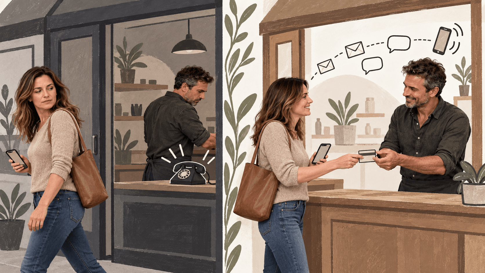 An illustration contrasting a customer walking past an unattended shop with an unanswered phone, versus a nurtured customer staying in touch through messaging and completing a purchase at the counter
