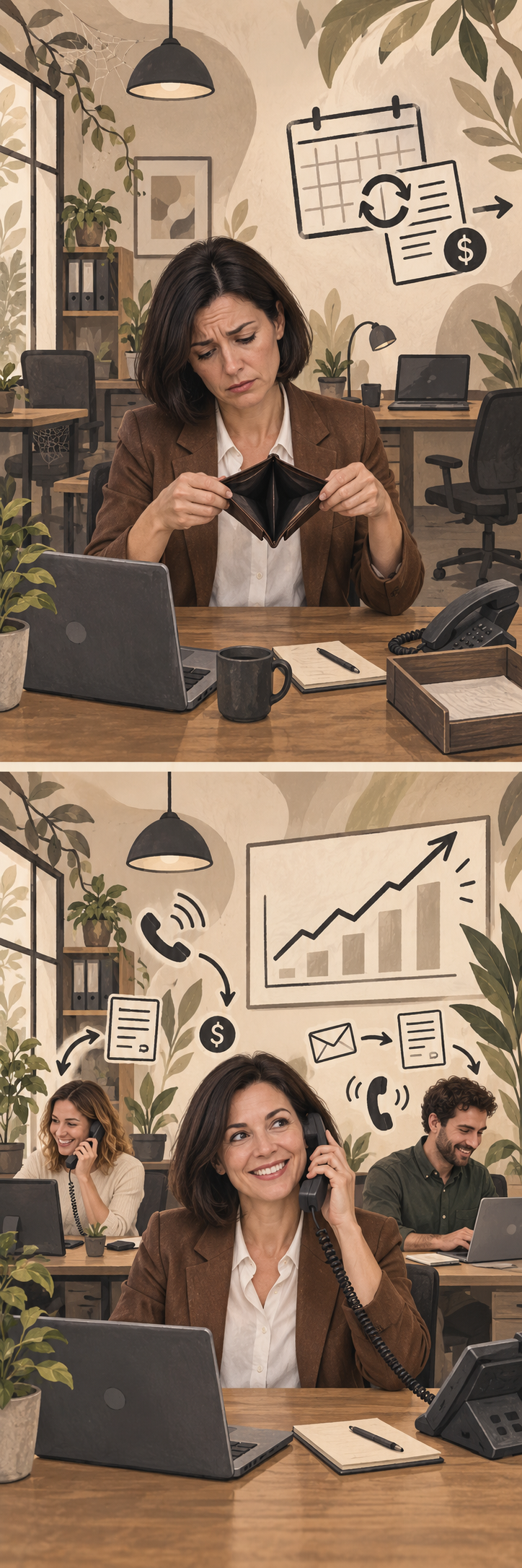 Illustration showing an empty wallet and marketing expense contrasting with a growing, thriving team with incoming sales calls and revenue growth