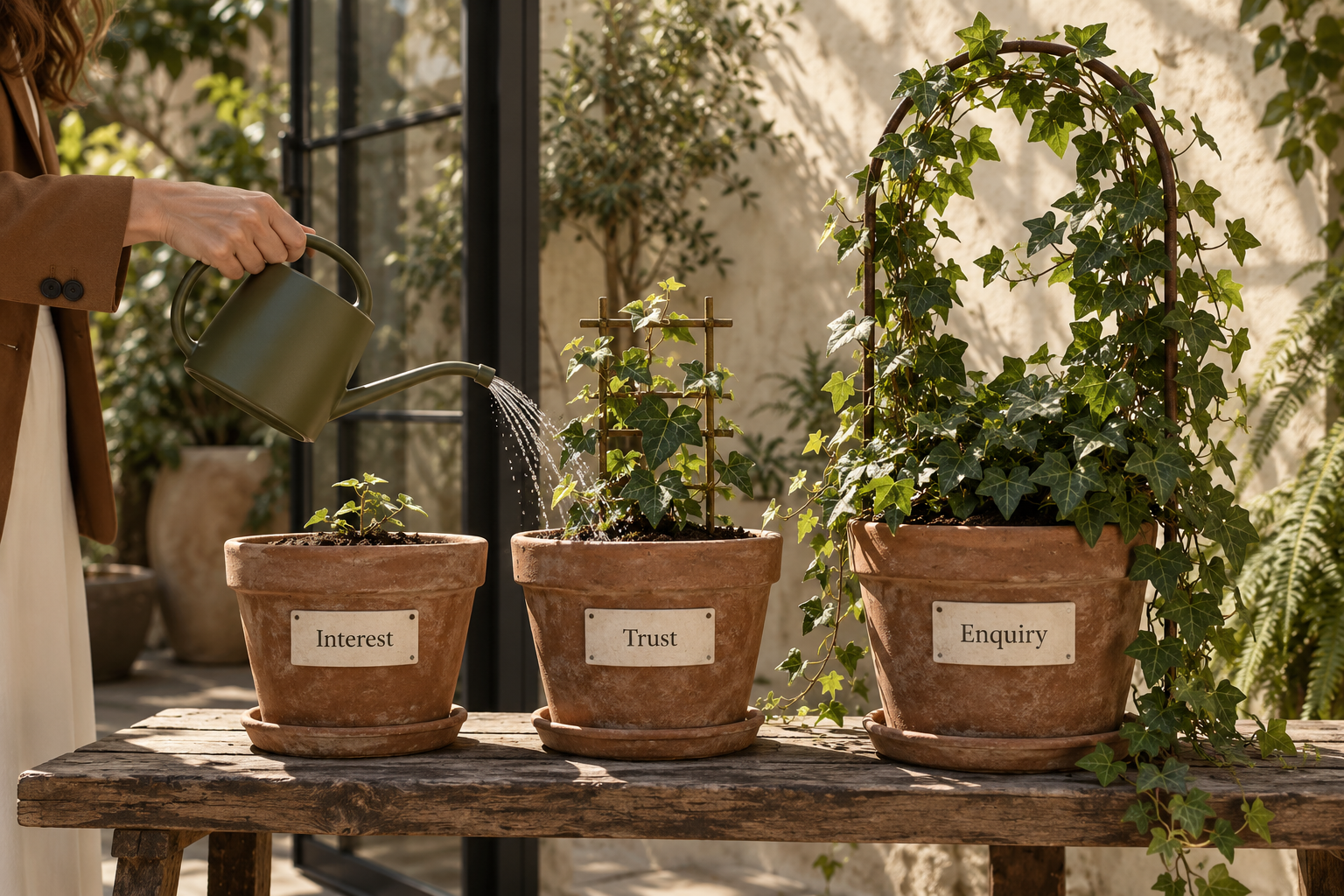 Watering potted ivy plants representing the journey from Interest to Trust to Enquiry