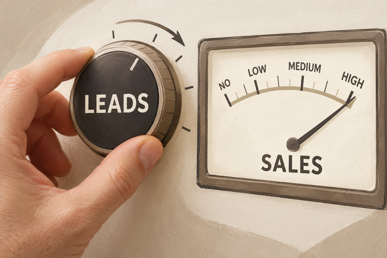 A hand turning a dial marked Leads to high, moving a meter marked Sales to high