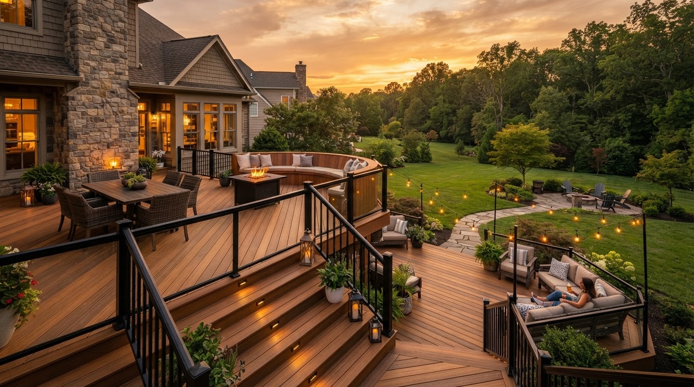 Custom multi-tier composite deck built by Wilmington Deck Builders at golden hour