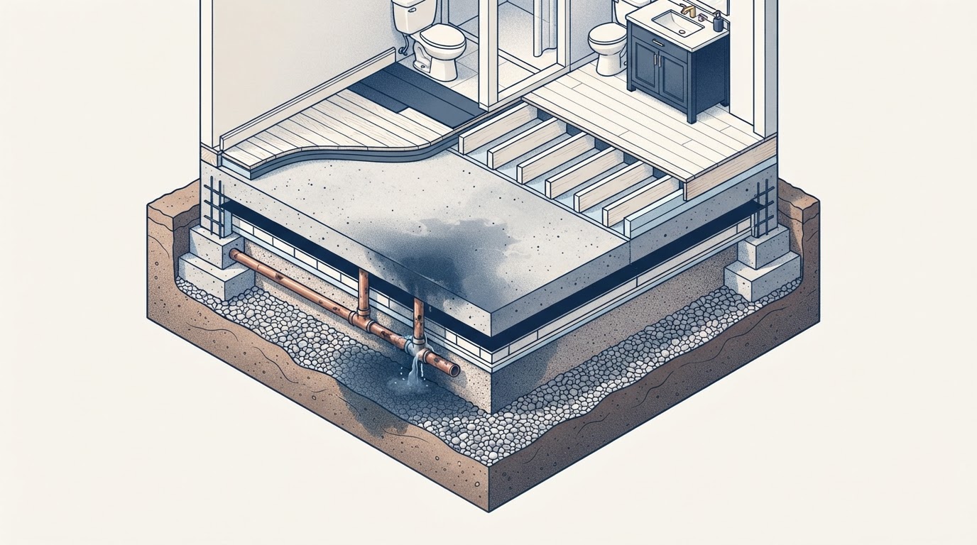 Slab foundation cutaway with a plumbing leak beneath
