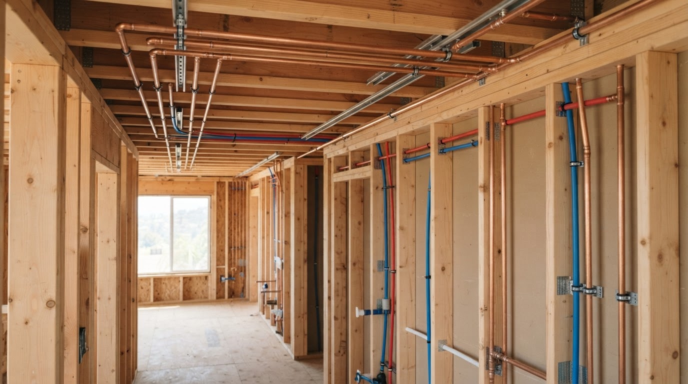 New copper and PEX piping installed along ceiling and wall framing during a whole-house repipe