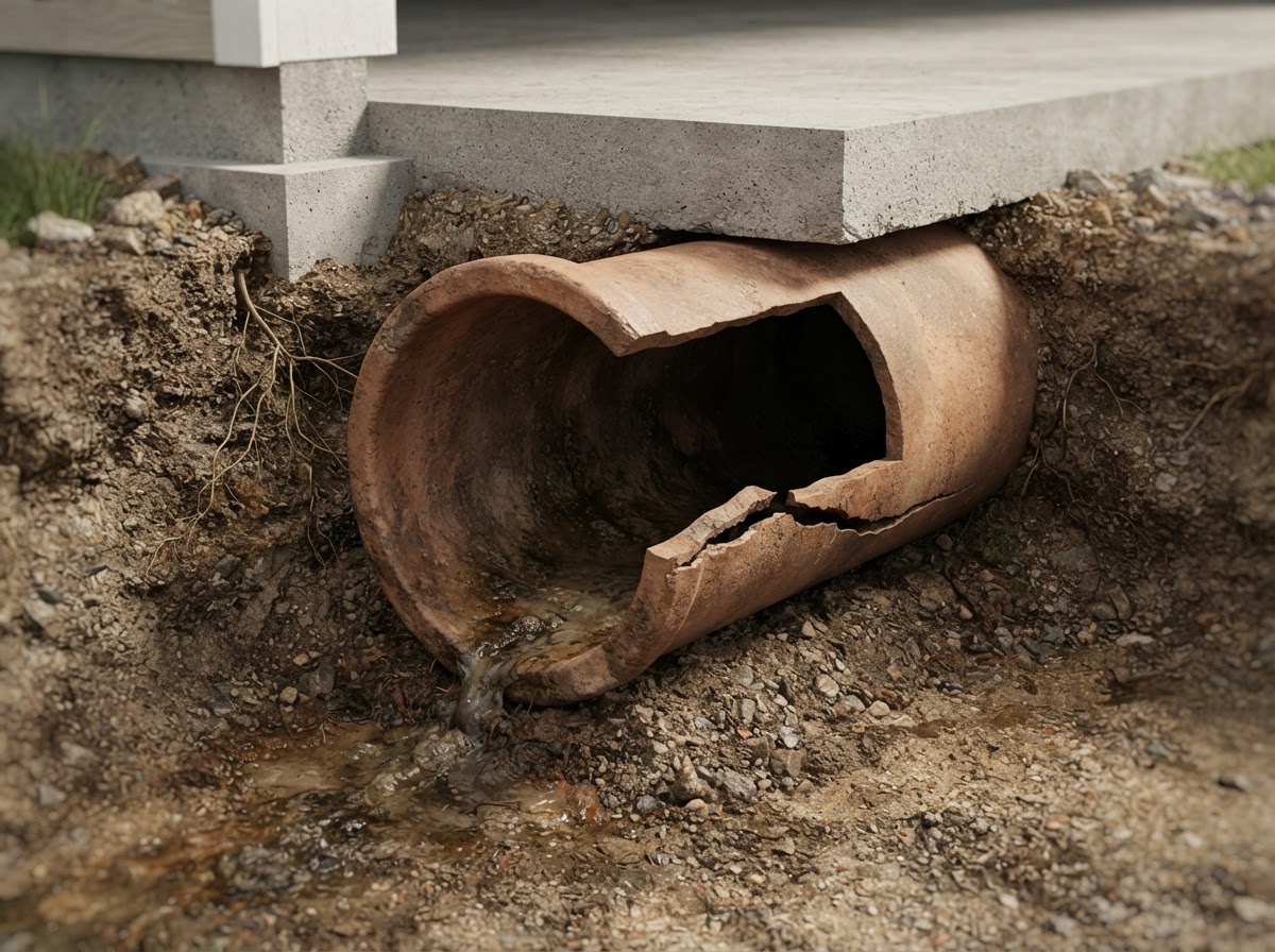 A crack visible in the wall of a sewer pipe